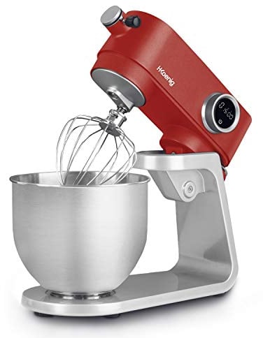 H.Koenig Robot Pétrin Professionnel Multifonctions 5L KM124 Inox rouge mat Puissant 800W, Robot Cuisine Pâtissier Pétrin 8 vitesses, Fouet, Batteur, Crochet, Pétrisseur, Couvercle anti-éclaboussure