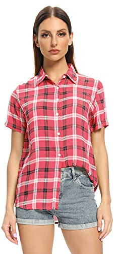 Aeslech Camicetta da donna a maniche corte con bottoni, a quadri, estiva, C rosa., L