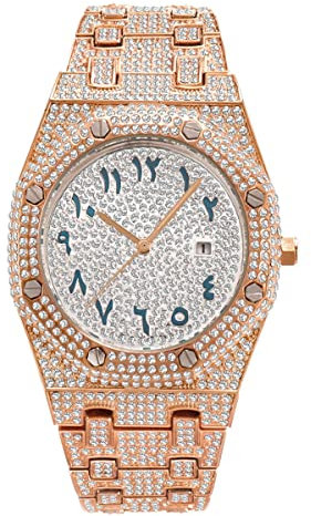 HALOKAIYA ICEDIAMOND Full CZ Diamond Charm Montre-Bracelet À Quartz, 43mm Bling Zircon Calendrier Cadran Montre Bijoux pour Hommes (Rose)