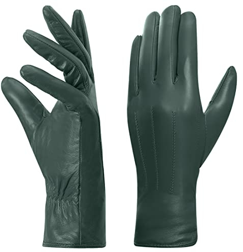 Harssidanzar Lederhandschuhe für Damen, Winter Warm Fleecefutter Touchscreen Vintage Finished GL018EU, Jägergrün,Größe M