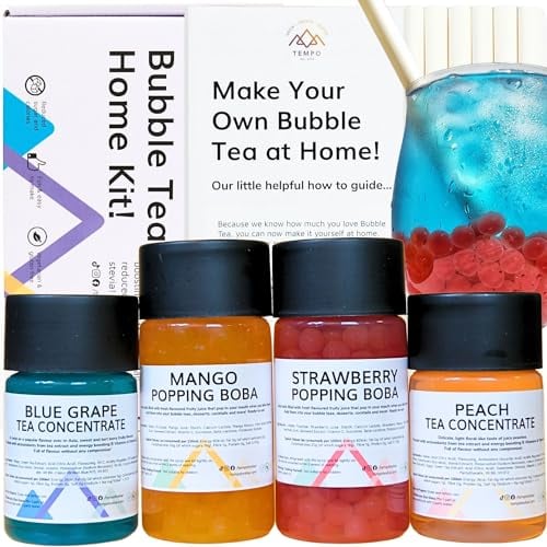 Bubble Tea Kit (Serves 12) - Blue Grape & Strawberry with Mango, Strawberry & Lychee Popping Boba, Fruit Tea Concentrate, Low Calorie, Low Sugar