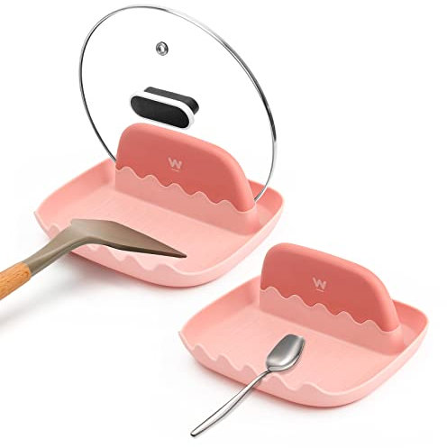 Kitchen Spoon and Lid Rest 2 Pack, Windspeed Green Kitchen Spatula Rest Holder Detachable Spoons Cooking Stand Countertop Keep Clean Cooking Ladle Organizer for Pot Lid, Fork, Tongs (Pink)
