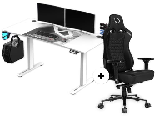 Ultradesk - Level V2 Bureau Réglable en Hauteur - Bureau électrique pour Ordinateur - 140x68 cm, Gaming ou Télétravail - Set avec Tapis de Souris XL et Fauteuil Gaming Throne - Blanc + Throne