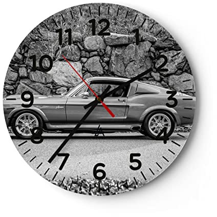 Modern Wanduhr Auto Ford Mustang 30x30cm Rund Klein Wand Uhr Glas Analog Zimmeruhren Küche Büro Wohnzimmer Glasuhr Wall Clock Dekoration Design Wanddekoration Küchenuhr C4AR30x30-5011