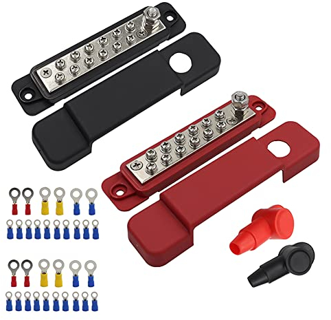180A 12-48V Bus Bar, 2 PCS 12 Terminal Distribution Block with 32 Wire Lugs, Distribution Block Terminal Block for Car Audio, Solar System, Marine, Heavy Duty Stainless Steel