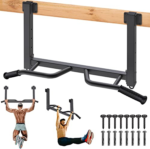 Kipika multifonctionnel Joist Mounted Pull Up Bar, 4 niveaux de réglage de la hauteur, poignée multi-angle, Chin Up Bar Joist Mount, Home Gym Workout musculation équipement