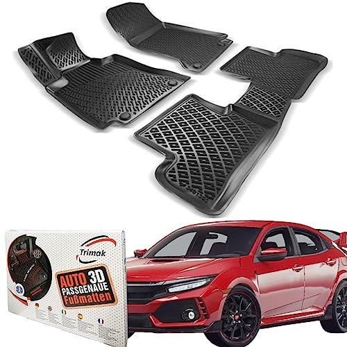 Trimak Passgenau 3D Fussmatten Auto Kompatibel mit Honda Civic Type R FK2 & FK8 2015-2021 Auto Zubehör 1. Und 2. Reihe Gummimatten Autos TPE Allwetter Geruchlos rutschfest Vorne und Hinten Schwartz