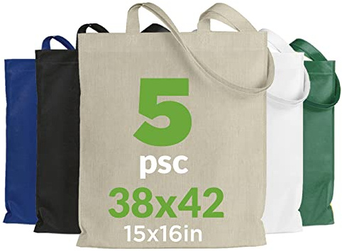 Tote Bag, Lot de sacs couleurs 100% coton, à longues anses, lavables et réutilisables. Sac en jute. Cabas en Tissu à Poignées Solides pour les Courses, longues poignées. Sac Shopper Sacs en coton