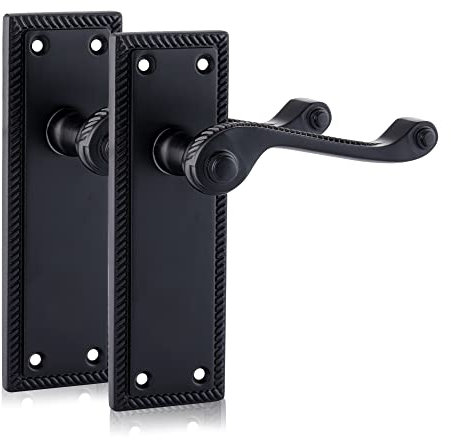 XFORT Black Beauty Range Matt Black Hanoverian Lever Latch Handles, Georgian Style Backplate Door Handles, Contemporary Door Handle Set for Internal Wooden Doors (1 Pair)