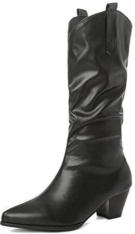 Lroey Reoly Stivali da Donna a Metà Polpaccio con Tacco a Blocco, Stivali da Cowboy Casuale Senza Chiusura Stivali Alti Tacco Medio Appuntito 293 Nero/Dl Numero 45 EU