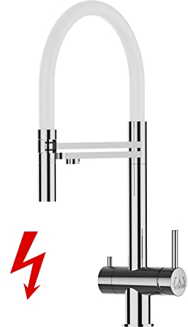 Niederdruck 3 Wege Wasserhahn Edelstahl MASSIV Küchenarmatur Spültischmischer Reinstarmatur VZFX, Edelstahl Hochglanz, mit 360° schwenkbarem Weiß Auslauf, abnehmbare 2 strahl Handbrause