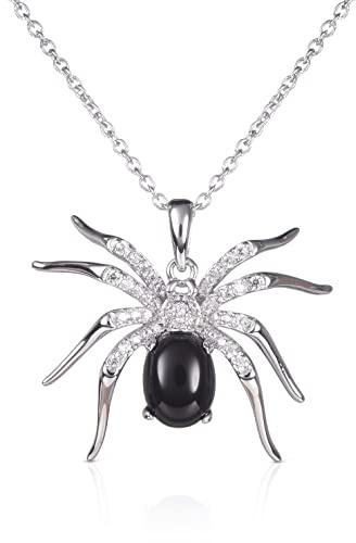 namana Halskette aus 925 Sterlingsilber für Damen und Mädchen mit Spinnen-Anhänger, Halskette aus silber 925 mit Spinne für Frauen mit einem schwarzen Achat und Zirkonia-Steinen.
