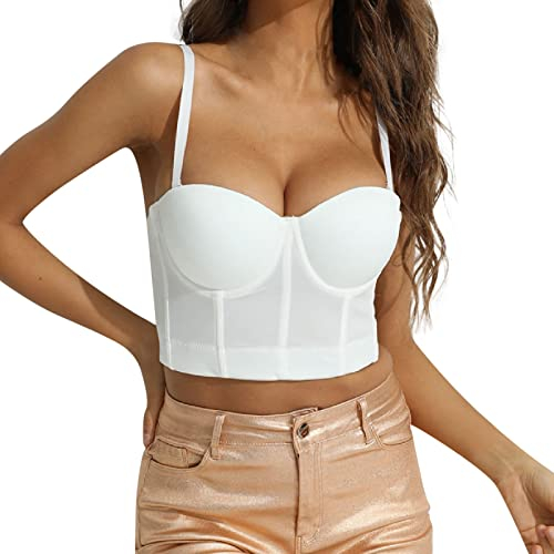 LOIJMK Women's Corset Top Bustier Tank Top Straps Solid Short Fashion Shirt with Lace, White, XXL 195VmAVUo