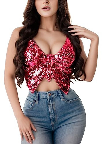 Butterfly Top Paillettes Top Glitter Top Festival Top Glitter Top Paillettes Farfalla Crop Top Costume Festival Club Sexy Canottiera Canottiera Top Costume da sirena, rosa intenso, Taglia unica