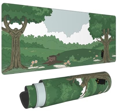 Sweetshow Tapis de souris vert XL 80 x 30 cm - Motif arbre à chat amusant et fleur - Motif kawaii - Grand tapis de souris pour ordinateur portable - Base en caoutchouc antidérapante - Bords cousus
