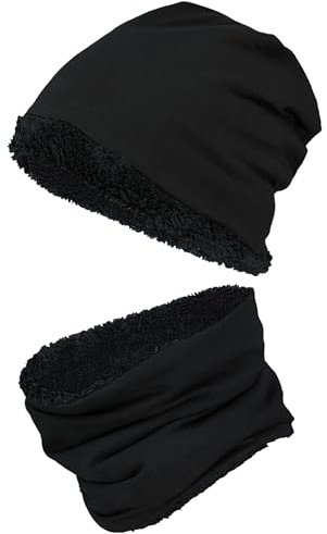 TupTam Jungen Beanie Mütze Schlauchschal Kinder 2er Set Herbst Winter gefütterte Übergangsmütze mit Loop, Farbe: Wintermütze Teddyfleece - Schwarz, Hat Size: 52