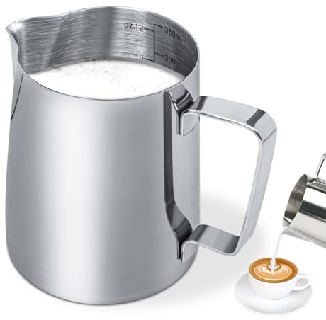 12oz/350ml Milk Jug Stainless Steel Milk Frothing Jug for Coffee Machine, Barista Coffee Jug Metal Milk Frothing Pitcher Jug Cup with Measurement Mark for Cappuccino, Espresso, Latte, Cream & Milk Jug