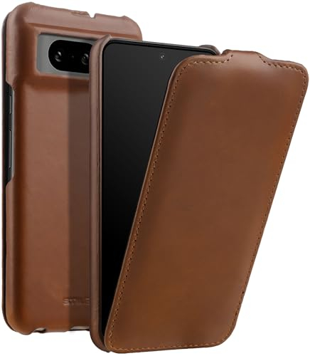 STILGUT UltraSlim kompatibel mit Google Pixel 8 Hülle - Pixel 8 Flip Case aus Leder, Klapphülle, Handyhülle, Lederhülle - Cognac