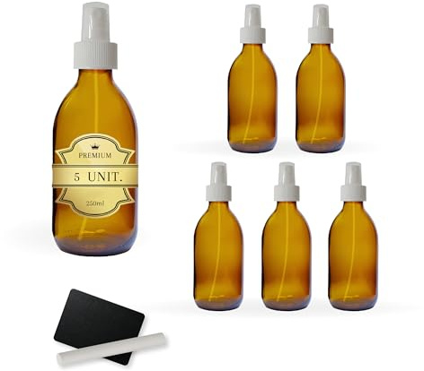 5x Flacon Spray en Verre Ambré 250 ml avec Couvercle du Vaporisateur + 5 Ardoises et Craie - Huiles Essentielles, Cosmétiques, Parfum, Vaporisateur Cheveux - Soins de la Peau et Capillaires