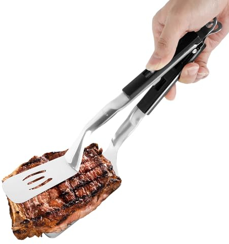 Grillklemmspatel, 29,46cm Edelstahl Spachtelzange mit Verlängertem Griff Anti-Verbrühungs Lebensmittelzangenspatel für Steak Pfannkuchen Barbecue Burger Pizza (Schwarz)