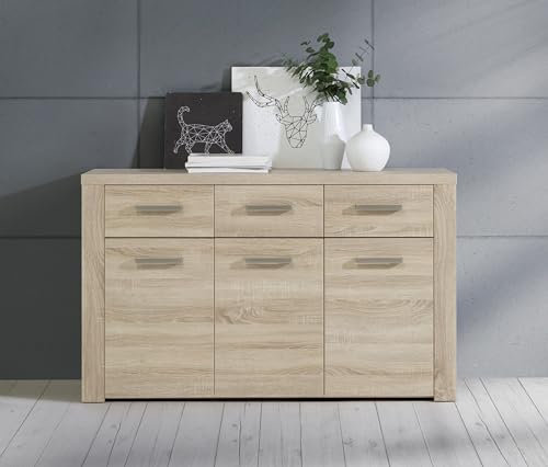 Forte BALTIMORE Sideboard mit 3 Schubladen und 3 Türen, Holzwerkstoff, Sonoma Eiche, B x H x T: 136 x 83 x 41,3 cm
