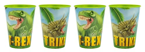 Theonoi 4 x Kinder Trinkbecher 260 ml/Becher Glas aus Kunststoff BPA frei wiederverwendbar - Geschenk für Jungen Dinosaurier (Dino Rex)