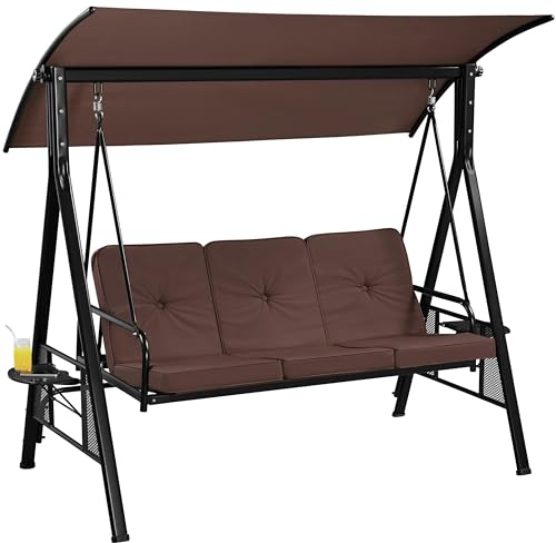 Yaheetech Swing Chair 3 Seater Garden Seat Outdoor, Hammock Hanging Swing Chair with Weather Resistant Steel Frame, Adjustable Tilt Canopy for Yard/Balcony/Backyard/Deck, Dark Brown