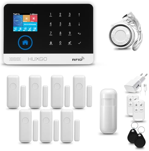 HUXGO® HXA003 Allarme casa senza fili WiFi + GSM 4G LTE con sirena | Kit allarme con 1x rilevatore di movimento, 7x sensori per porte e finestre, telecomando | Antifurto casa wireless