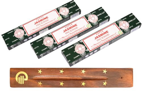 Original Satya Jasmine Incense Sticks Pack of 3X 15G with Greensense Holder for Aromatherapy, Spa, Yoga, Weddings, Meditation, Healing, Positivity and Relaxation