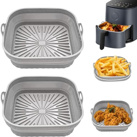 Pulsky 2Pcs Silicone Air Fryer Liners 5-7.3 L, 5mm Thickened Reusable Air Fryer Accessories, Grey Food Grade Silicone Greaseproof Airfryer Baking Tray for Tefal, Tower, COSORI