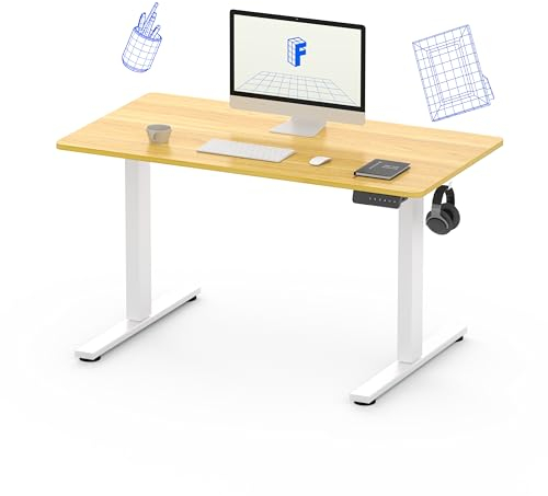 FLEXISPOT Bureau Assis Debout 100x60cm, Plateau Complet, Bureau Réglable en Hauteur Électrique, Informatique avec Crochet(Cadre Blanc+Plateau Érable)