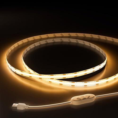 OULARA USB COB LED Streifen 5V Warmweiß 2700K,2M dimmbare 640LEDs COB LED Streifen Licht, Flexibler LED Streifen Mit Speicher Funktion für TV Hintergrund beleuchtung,Schlafzimmer,Spiegel