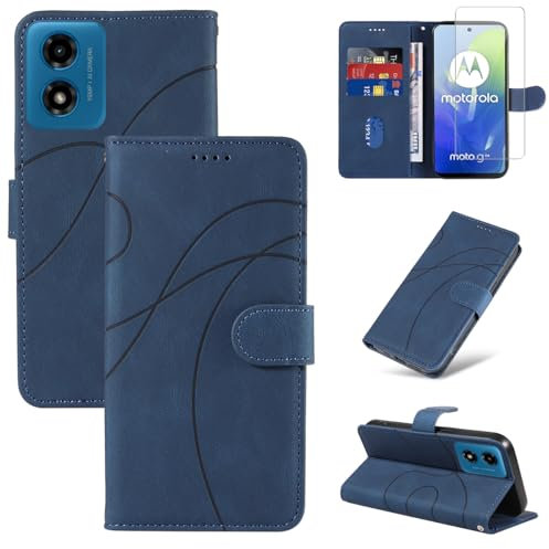Reshias Coque pour Motorola Moto E14 / G24 / G04 avec 1 Pièce Protection Écran en Verre Trempé, Housse PU Cuir à Rabat Flip, Étui Support et Portefeuille Fonction (Bleu)