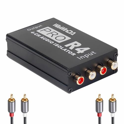 WisWinDa Pro RCA 4-Kanäle HiFi-Stereo-Erdungsschleife, Geräuschisolator, Goldbeschichtung, Cinch-Stecker, Aluminiumgehäuse, Geräuschfilter für Auto und Zuhause, Verwendung in verschiedenen Situationen