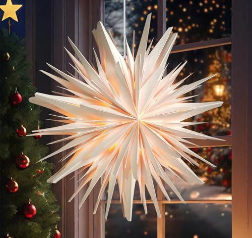 HOUISM Weihnachtsstern Beleuchtet, Weihnachtsdeko Innen Leuchtstern Papierstern Fensterdeko, Faltstern Papiersterne Zum Aufhängen Weihnachten, Batterie Betrieben Weiß Ø 50cm