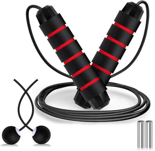 Vinsot Weighted Cordless Jump Rope 2 In 1 Jump Rope with Ball Bearings Adjustable Steel Skipping Rope with Soft Foam Handles for Women Men Kid Aerobic Exercise(Red)