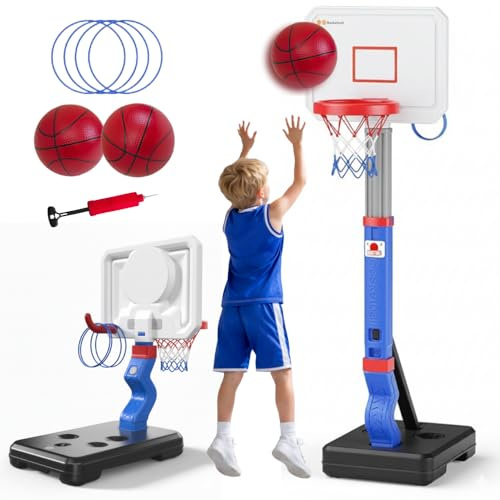 BRAGZO Toddler Basketball Hoop with Ring Toss, Height Adjustable Indoor & Poolside Outdoor Kids Basketball Hoop Set with Mini Balls, Rings, Pump, & Stable Base Game Sport Toys for Boys & Girls Age 3+