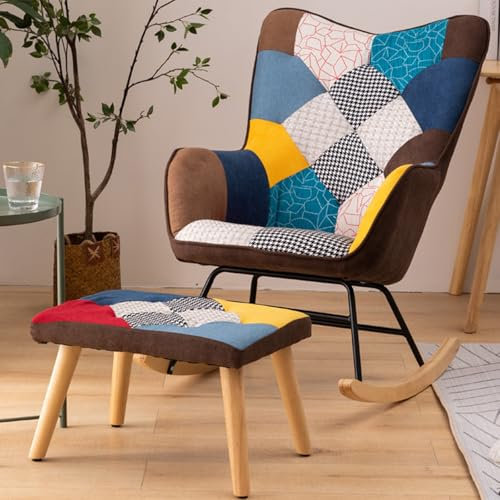 RUYICZB Fauteuil À Bascule Allaitement Scandinave Rocking Chair Chaise Loisir Et Repos en Tissu Patchwork avec Repose Pieds Fauteuil De Relaxation pour Salon, Chambre, Balcon