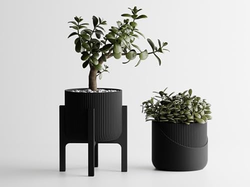 Small Modern Indoor (Black) 12cm wide Planter Pot with Stand Modern Indoor Planter Decor, gifts for adults, plastic flower pots