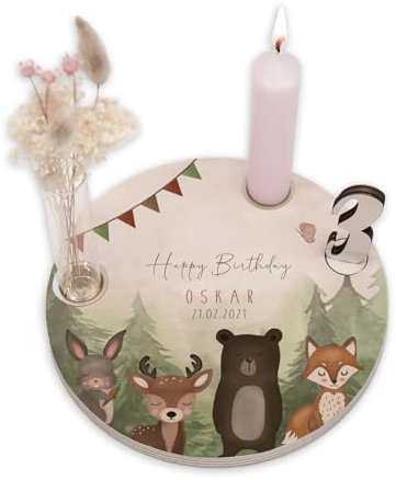 Personalisierter Geburtstagsteller aus Holz mit Kerzenhalter, Vase & Jahres Zahlen - Geburtstagsdeko mit Gravur - 1. Geburtstag Baby & Kinder Geschenk - ⌀16 cm x 12mm - hellomini (Waldtiere)