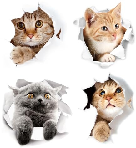 EUYKQNOI 4 Pezzi Adesivi Gatto 3D per Auto e Casa - Decorazione Murale Rimovibile con Effetto Reale, Ideale per Finestre, Frigoriferi e Vetri (25x17 cm)