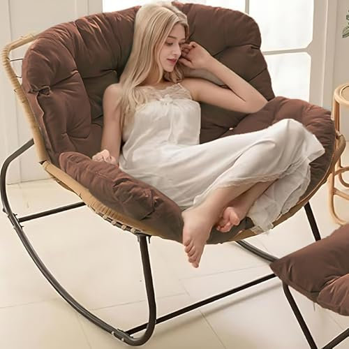 BYGSBKDP Schaukelstühle für Erwachsene, Papasan-Schaukelstuhl, 103,9 cm, übergroßer Rattan-Weiden-Loungestuhl, Eier-Schaukelstühle, Metallrahmen, große Stützen, moderne Terrasse, Kaffeefarbe