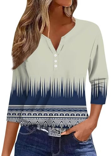 HUIFUAO Tee Shirt Femme Coton Col V Manches 3/4 Chemisiers Et Blouses Chic Et élégant Haut D’été Basiques Légère Tunique Bohème Tops (Z31 Navy, L)