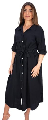 Seasons of April Musselin Kleid mit Knopfverschluss und Bindegürtel aus 100% Baumwolle, Leicht & Locker, One Size - Victoria (Schwarz)