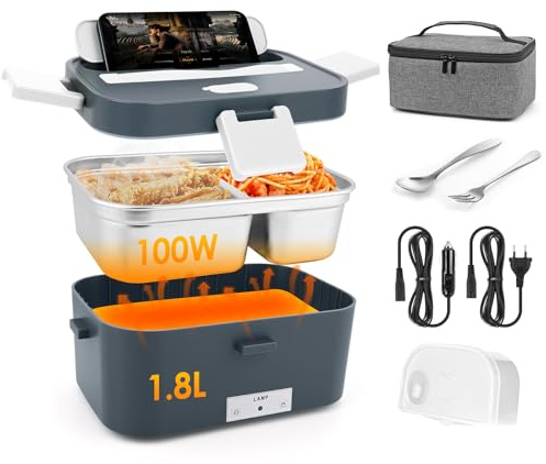 Dreamhigh® 100W Scaldavivande Elettrico Portatile 1.8L, Porta Pranzo Riscaldabile con Borsa, Forchetta e Cucchiaio, 12V/24V/220V Lunch Box Elettrico, Porta Pranzo da Ufficio e Auto