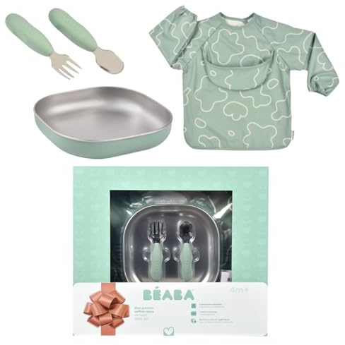 BÉABA Coffret Repas Bébé – Cadeau Naissance Complet Dès 4 Mois – Assiette Inox Micro-Ondes, Pré-Couverts Ergonomiques, Bavoir à Manches, Boîte Souvenir – Matériaux Sains et Durables, Vert Sauge