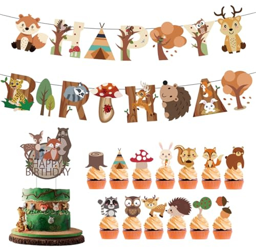 Kinder Wald Tier Geburtstagsdeko Set, Waldtiere Kuchendekoration, Waldtiere Geburtstag Deko, Happy Birthday Girlande, Happy Birthday Deko Banner, für Kindergeburtstag, Geburtstagsfeier Dekoration