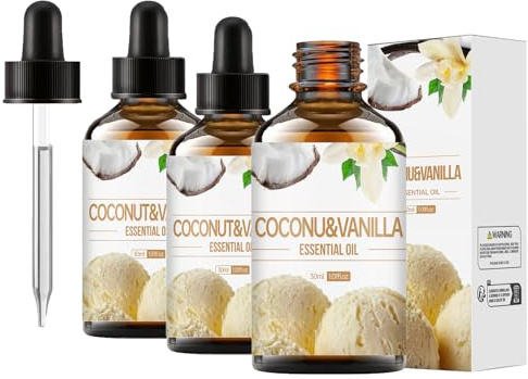 Kokosnussöl, Naturrein Kokosnuss Aroma Öl, Kokosnuss Vanille ätherisches Öl, mit Vanille Extrakt, für Diffusor, Entspannen, Massage, Bad, für Haut, Haarpflege und Körper (3 pcs)