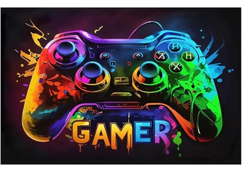 Fychuo Gamer Rug with Splotch Art, Vibrant Gaming Rug for Boys Bedroom, Anti-Slip Floor Mat with GAMER Text, Soft Neon Play Mat for Gaming Room & Teen Bedroom Decor
