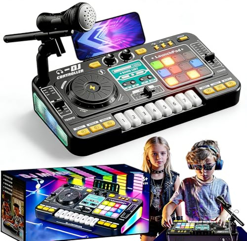 DJ Pult für Kinder, DJ Mischpult, DJ Mixer, Tragbare DJ Controller mit Verstellbarem Mikrofon & Dynamischen Lichteffekten, Geschenk für DJ-Anfänger Jungen Mädchen 3-12 Jahre